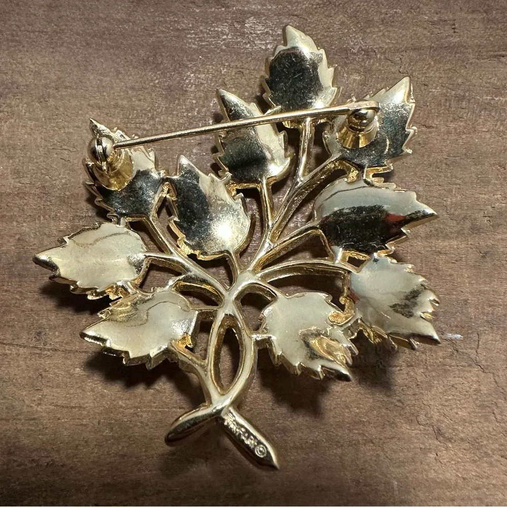 Trifari Vintage Brooch- White Enamel Leaves- Crown Trifari